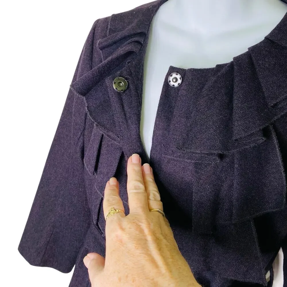 Ann Taylor Loft Jacket Women 12 Plum Wool Blend Ruffle Pleated Neck Belted Lined